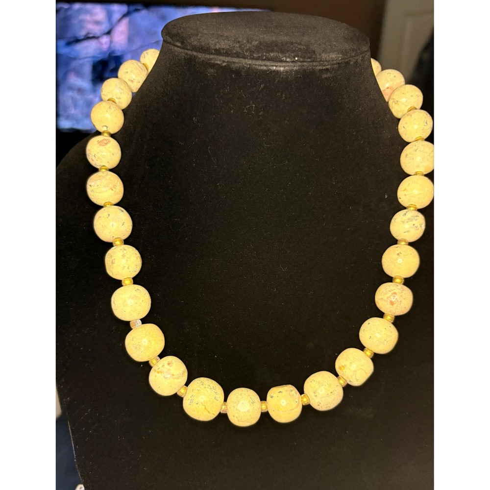 Vintage Jasper Stone Cream Bead with Gold-Tone Accents Necklace
